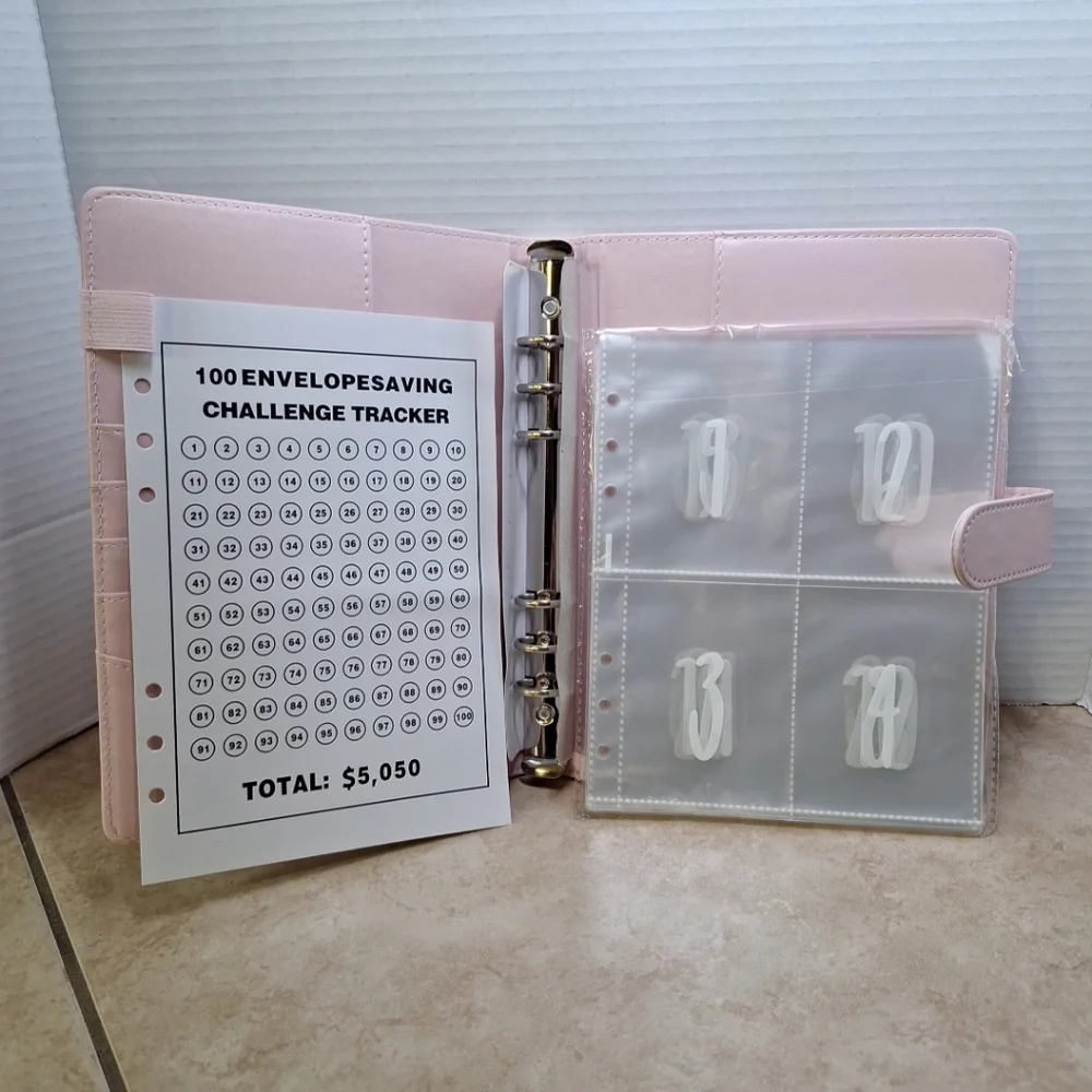 100 Envelope Saving Challenge Pink 6-ring Binder Clear Pockets Tracker Page 9x7